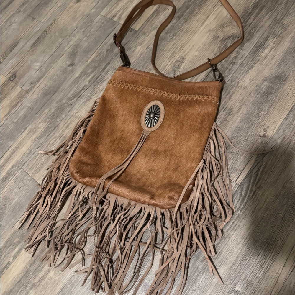 Idyllwind Brown Fringe cowhide Crossbody with Concho Accent